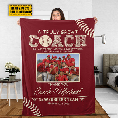 Teesdily | Personalized Baseball Coach Blanket With Picture, A Truly Great Coach Throw Blanket, Thank You Coach Gifts From Team Baseball Softball