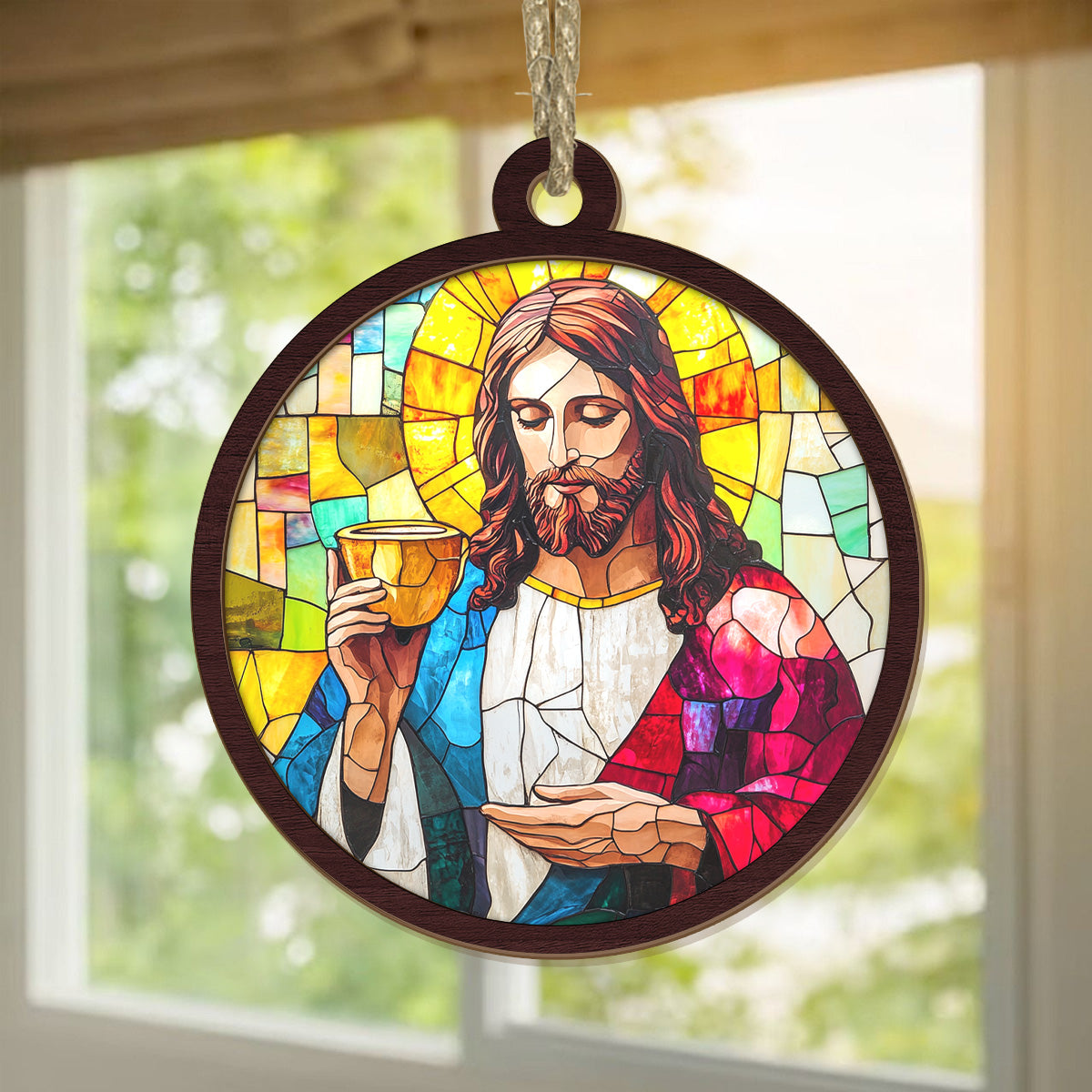 Teesdily | Jesus Holy Communion Scene Suncatcher, Jesus Christ Cup Stained Glass Suncatcher, Christmas Ornament Hanging, Xmas Decoration Gift