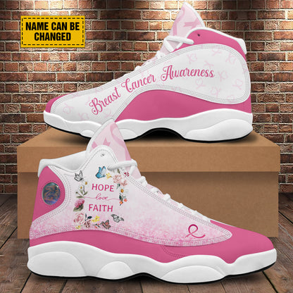 Teesdily | Customized Breast Cancer Warrior Basketball Shoes, Faith Hope Love Butterfly Shoes, Pink Ribbon Shoes For Women, Cancer Support Gifts