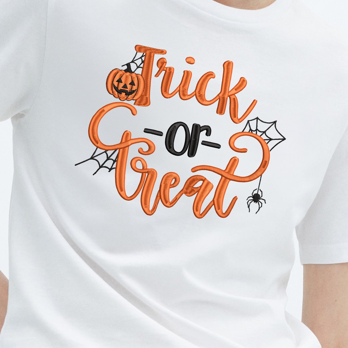 Teesdily | Pumpkin Trick Or Treat Embroidery Shirt, Halloween Pumpkin Embroidered Sweatshirt, Pumpkin Spiderweb Halloween Shirt, Holiday Outfit Gift