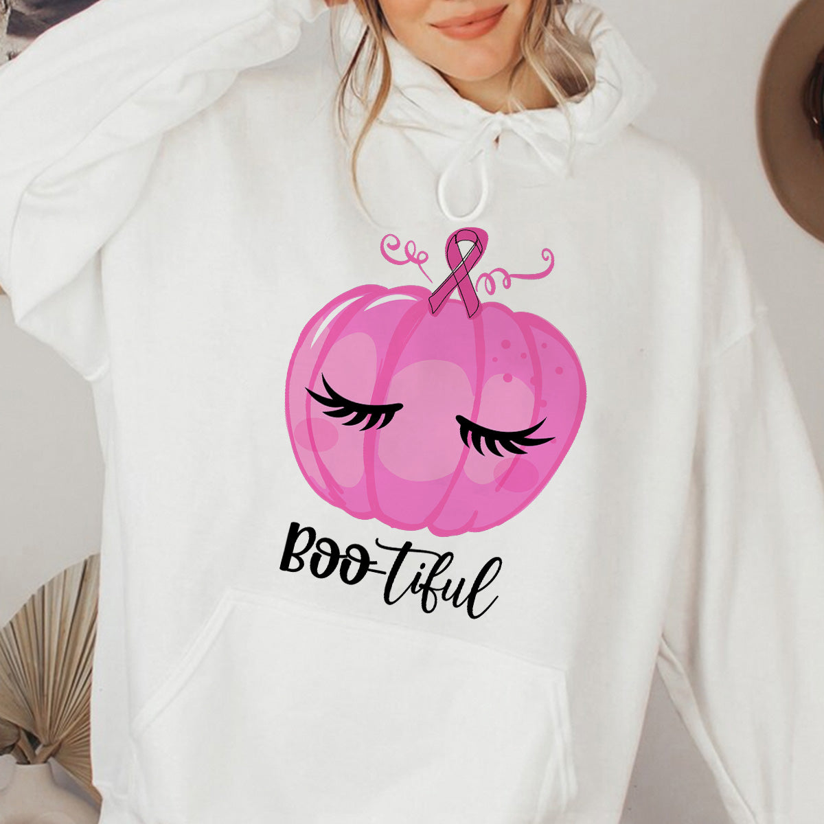 Teesdily | Pink Pumpkin Bootiful Shirt, Breast Cancer Halloween Sweatshirt, Pink Ribbon Pumpkin Cancer Fighter Hoodie Mug, Cancer Month Gift