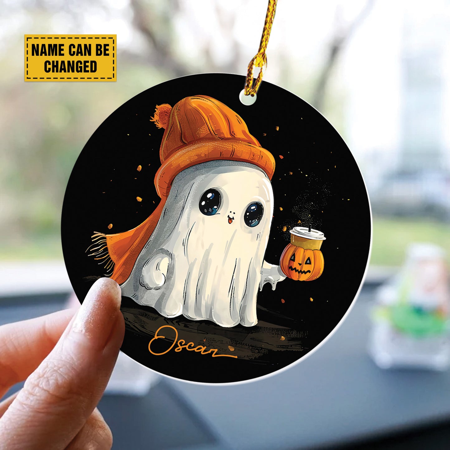 Teesdily | Personalized Halloween Cute Ghost Pumpkin Ornament, Happy Halloween Plastic Car Hanging Ornament, Halloween Decor Gifts