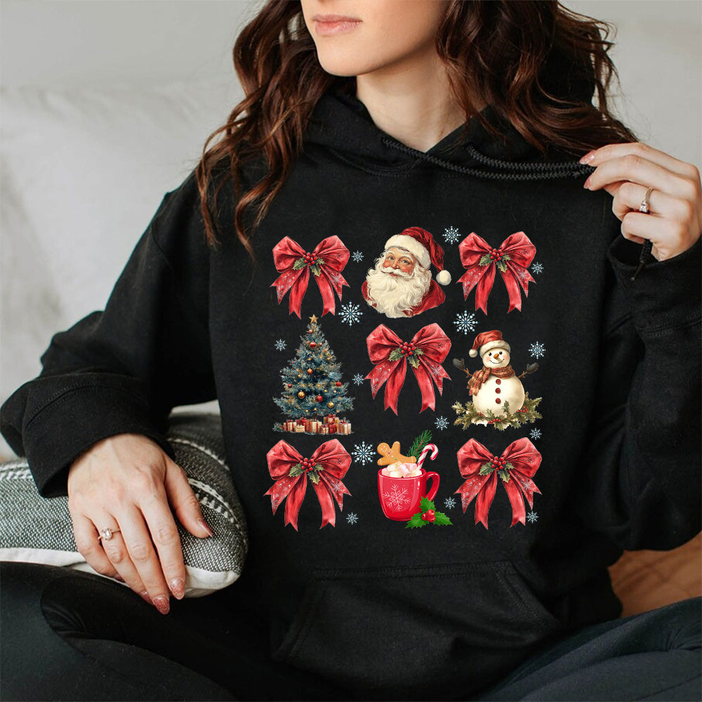 Teesdily | Christmas Coquette Bow Santa Shirt, Christmas Tree Snowman Mug Sweatshirt Hoodie, Retro Merry Bright Tee