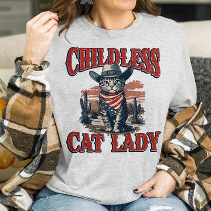 Teesdily | Childless Cat Lady Shirt, Childless Cat Lady For Comma La Sweatshirt Hoodie Mug, Vintage Cat Cowboy T-shirt, Kama-laa Tee, Patriot Gift