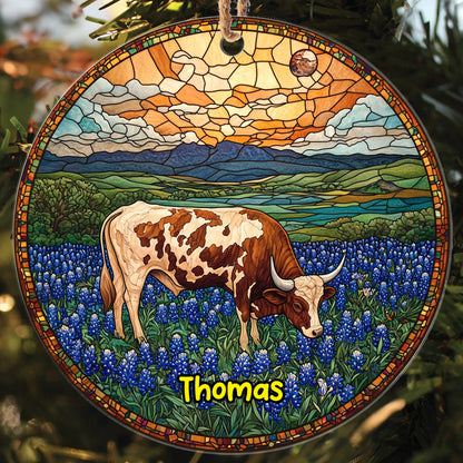 Teesdily | Customized Texas Longhorn Ornament Christmas, Farm Longhorn Stained Glass Print Ornament, Decor Christmas Gift