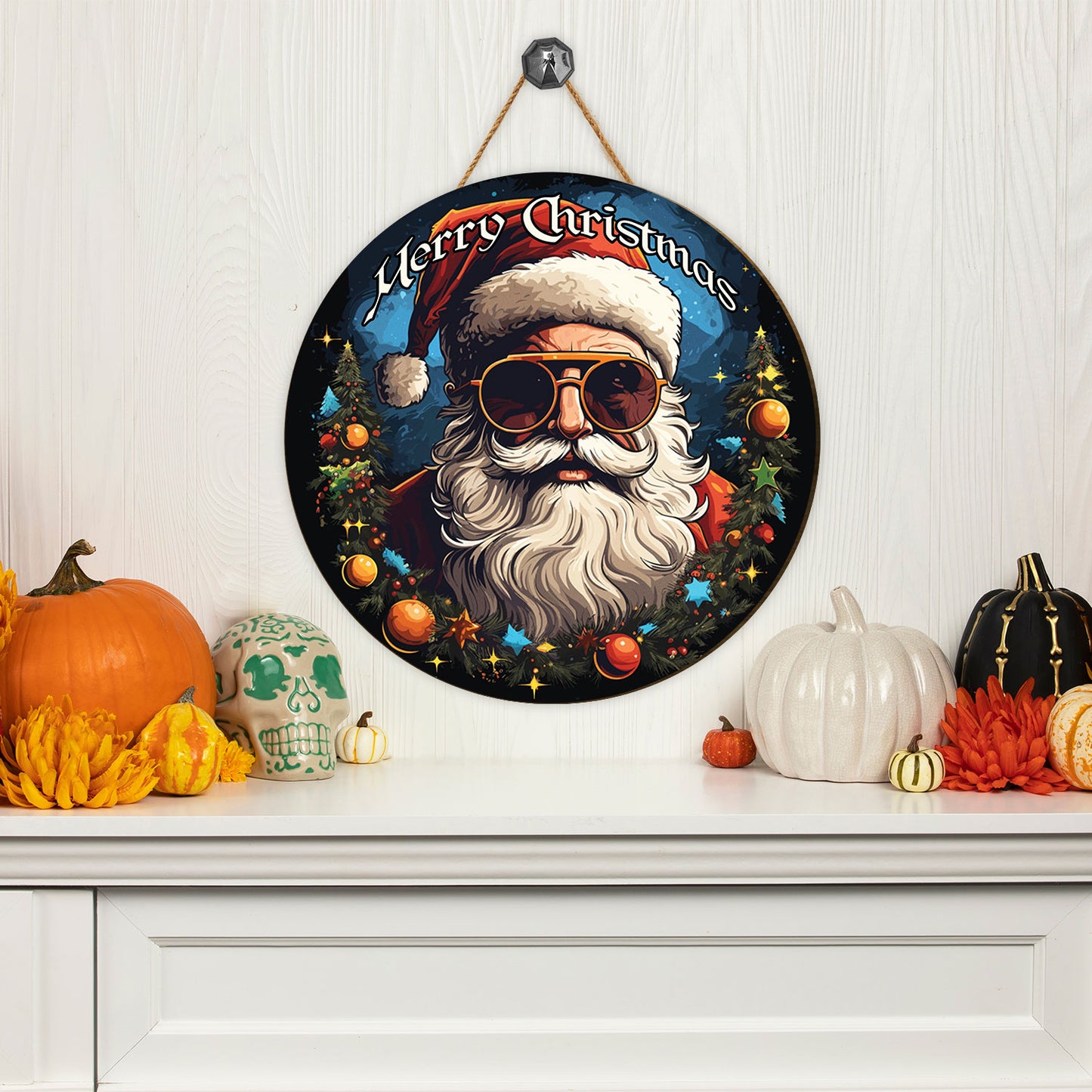 Teesdily | Cool Santa Claus Merry Christmas Retro Style Wood Sign God Father Santa Jingle Bell Winter Christmas Coming Front Door Sign