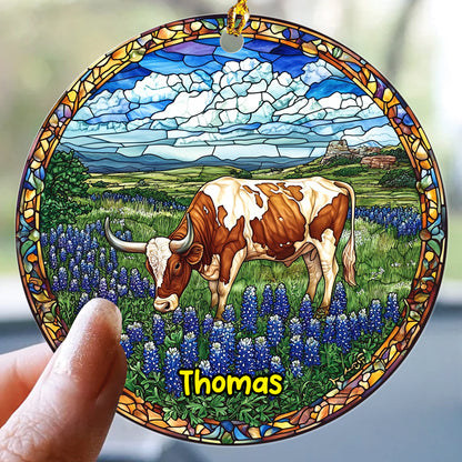 Teesdily | Customized Texas Longhorn Ornament Christmas, Farm Longhorn Stained Glass Print Ornament, Decor Christmas Gift