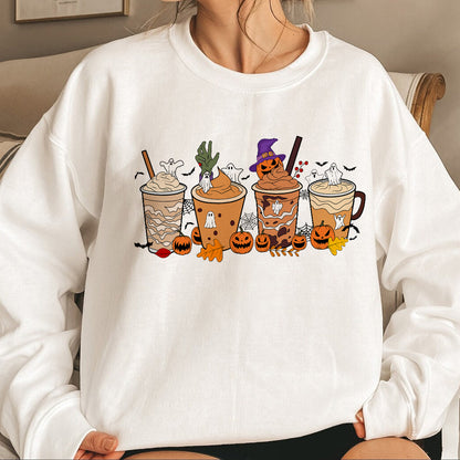 Teesdily | Halloween Coffee Pumpkin Fall Shirt, Retro Coffee Latte Pumpkin Ghost Shirt, Spooky Coffee Sweatshirt Hoodie Mug, Happy Halloween Gifts