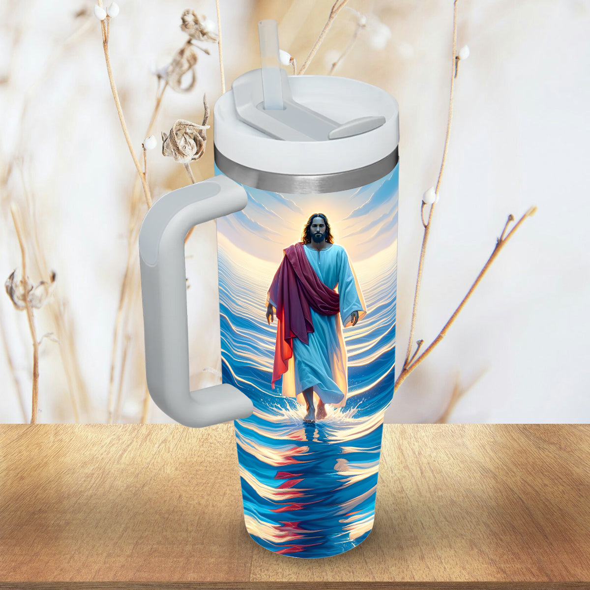 Teesdily | Jesus Beach Walking 40 oz Tumbler With Handle, Let Your Faith Be Bigger Insulated Tumbler, God Faith Believers Inspirational Gifts