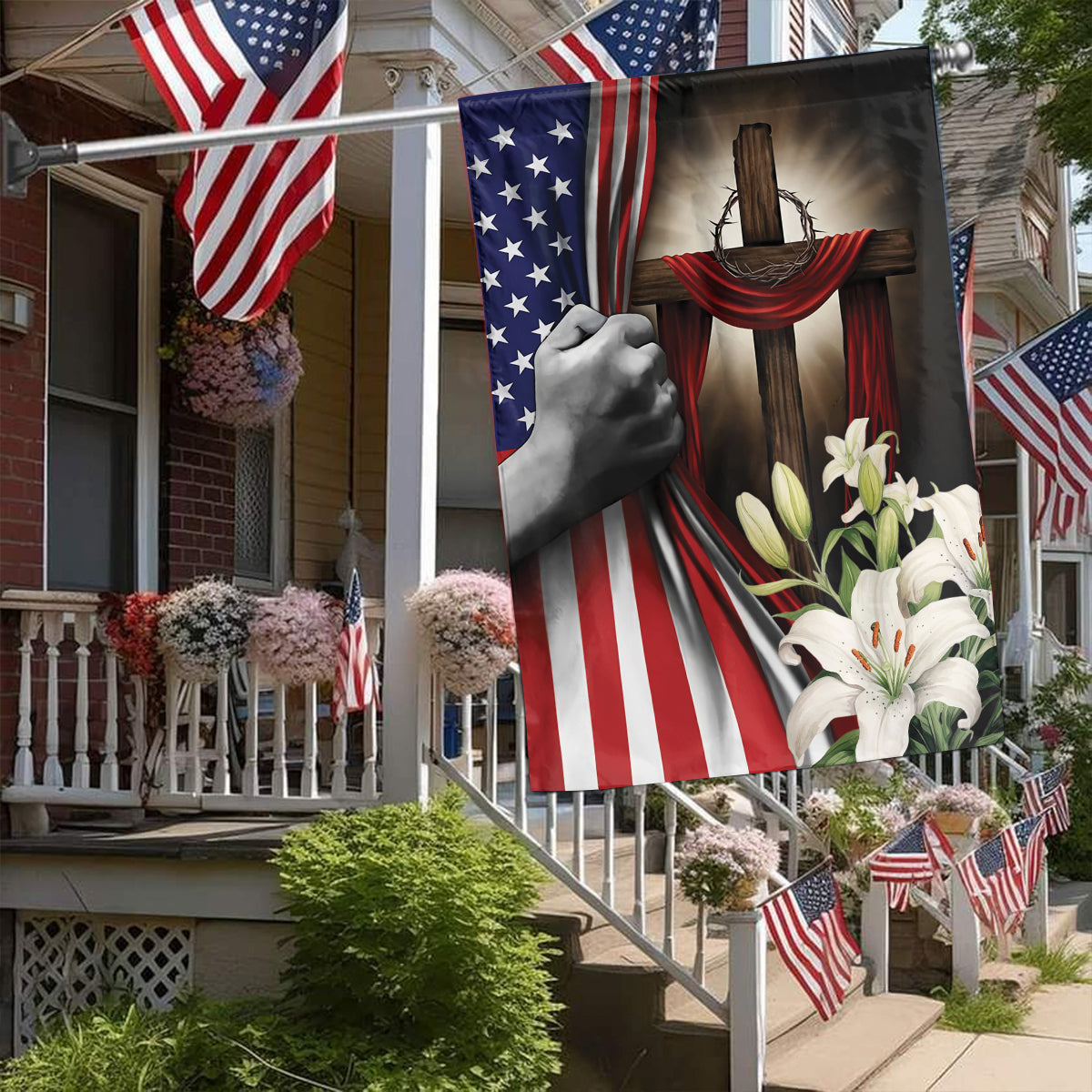 Teesdily | Jesus Cross Hand Pull American Flag, Christ Cross Lily Garden Flag, Christian Home Outdoor Decoration, God Believer House Flag Decor