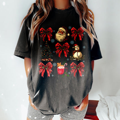 Teesdily | Christmas Coquette Bow Santa Shirt, Christmas Tree Snowman Mug Sweatshirt Hoodie, Retro Merry Bright Tee