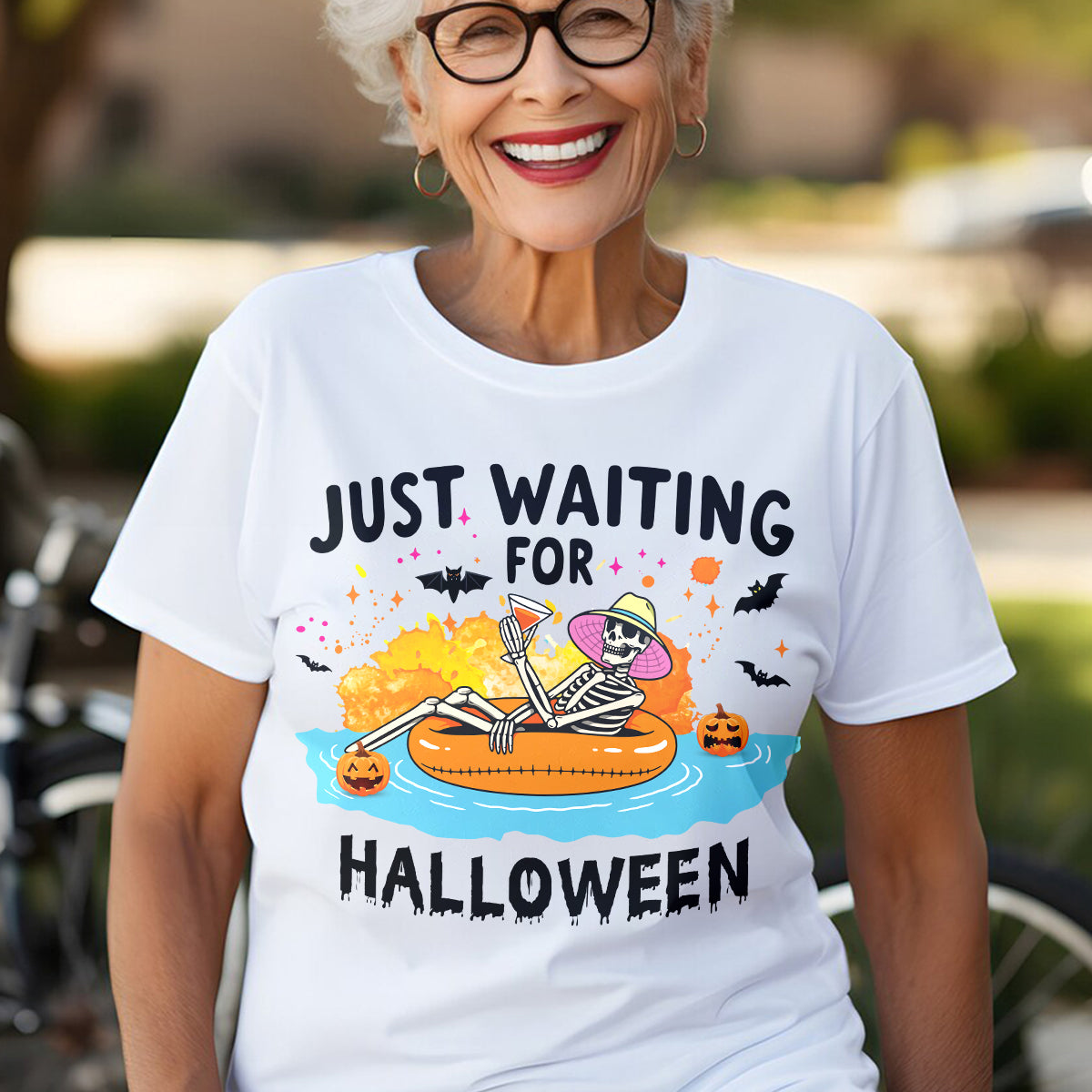 Teesdily | Halloween Skeleton Shirt, Just Waiting For Halloween Sweatshirt Hoodie Mug, Skeleton Pumpkin Tee, Cute Spooky Summer Halloween Gifts