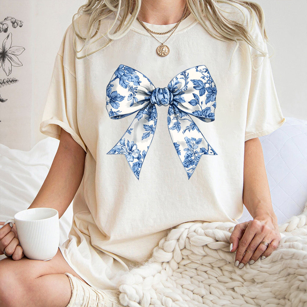 Teesdily | Toile De Jouy Coquette Bow Shirt, Blue Ribbon Sweatshirt, Toile Blue Bow Hoodie Mug, Girly Aesthetic Gift For Mom Sister