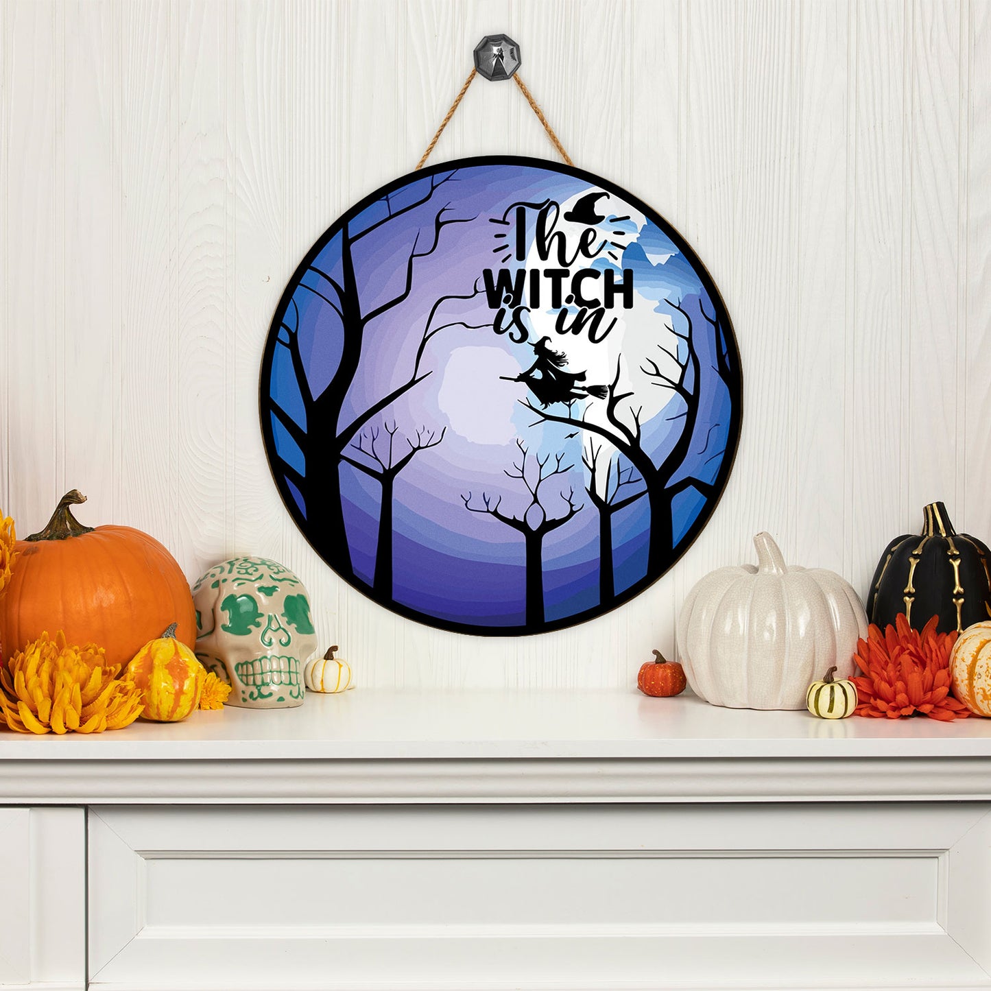 Teesdily | The Witch Is In Spooky Forest Trees Full Moon Wood Sign Halloween Decoration Halloween Trick Or Treat Office Decor