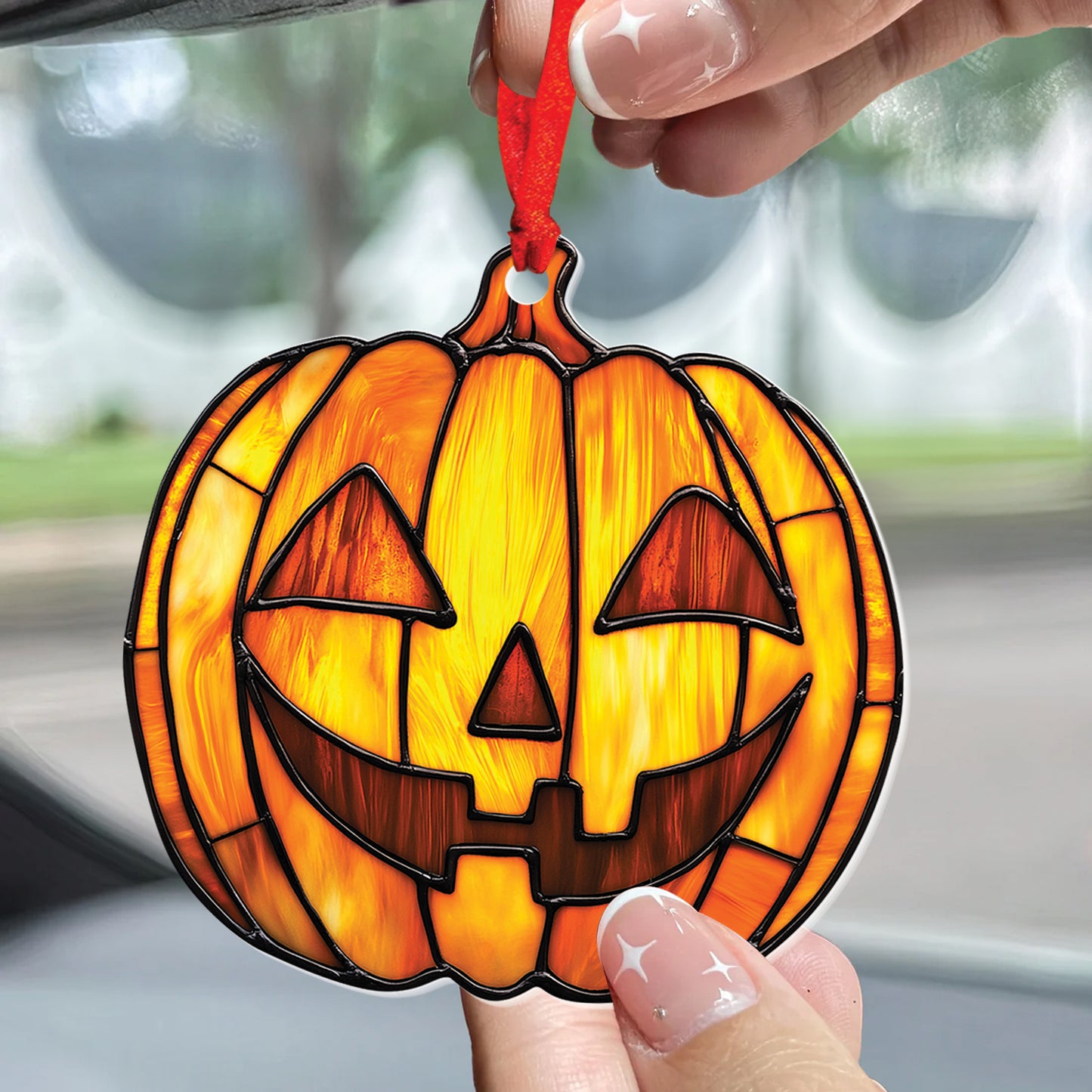 Teesdily | Pumpkin Halloween Stained Glass Acrylic Ornament, Pumpkin Witch Ornament Decor Halloween Art Hanging, Halloween Gift