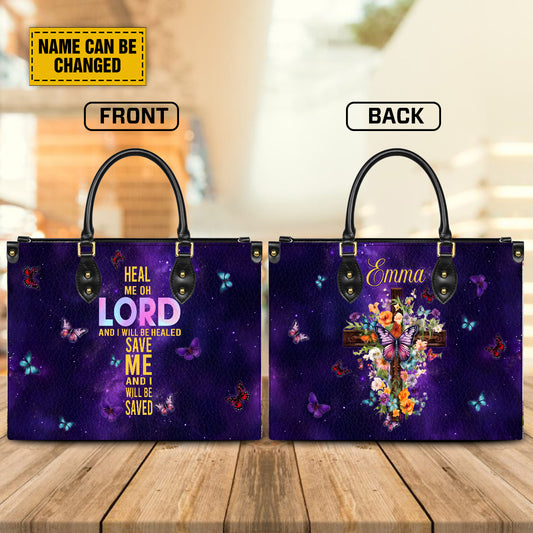 Teesdily | Customized Jesus Cross Butterfly Floral Bag, Heal Me Lord Save Me Bible Verse Leather Bag, Flower Bag Woman, Christmas Gift For Jesus Lover