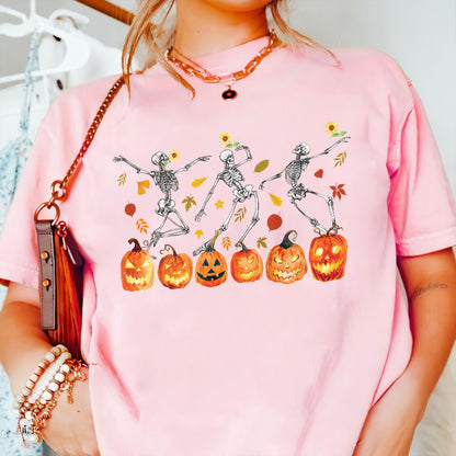 Teesdily | Halloween Dancing Skeleton Shirt, Skeleton Dancing Pumpkin Sweatshirt Hoodie Mug, Spooky Season Tee, Holiday Party Shirt, Halloween Gift