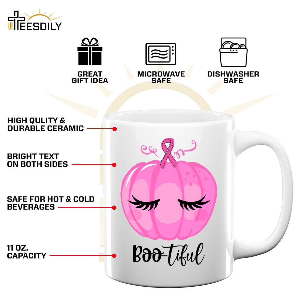 Teesdily | Pink Pumpkin Bootiful Shirt, Breast Cancer Halloween Sweatshirt, Pink Ribbon Pumpkin Cancer Fighter Hoodie Mug, Cancer Month Gift