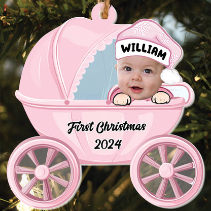 Teesdily | Personalized Baby's First Christmas Ornament, Baby Carriage Acrylic Ornament Christmas, Keepsake Ornament Xmas Gift