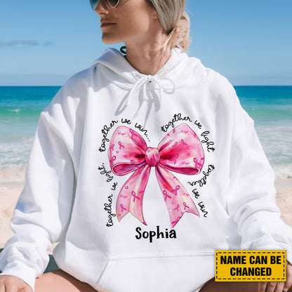 Teesdily | Custom In October We Wear Pink Shirt, Bow Coquette Breast Cancer Awareness Sweatshirt, Together We Fight We Win Hoodie Mug, Warrior Fighter