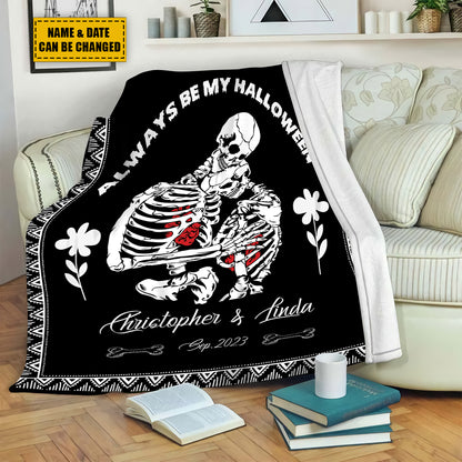 Teesdily | Skeleton Couple Custom Name Blanket Skeleton Halloween Throw Blankets Customized Commemorate Date Blanket Spooky Skull Decor Custom Gifts