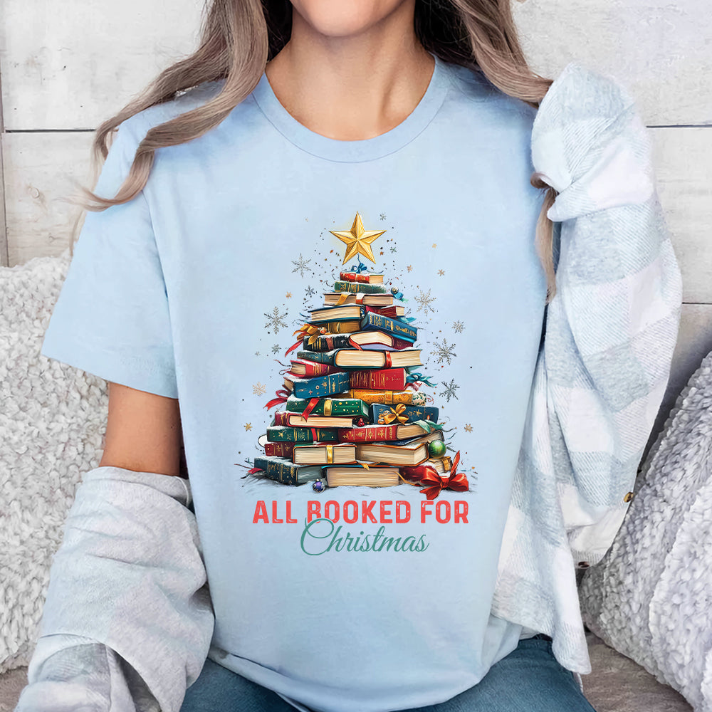 Teesdily | All Booked For Christmas Shirt, Bookworm Christmas Sweatshirt, Bookish Hoodie Mug, Gift For Librarian Book Lover