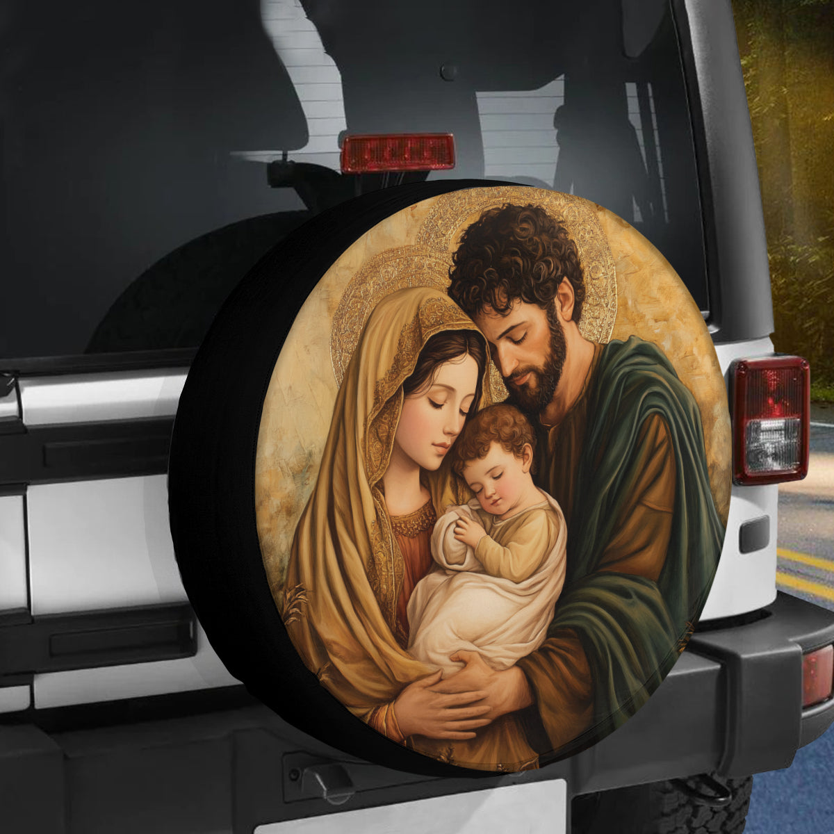 Teesdily | Holy Family Car Spare Tire Cover, Merry Christmas 2024 Wheel Cover, Jesus Christmas Tire Protector Decoration Gift