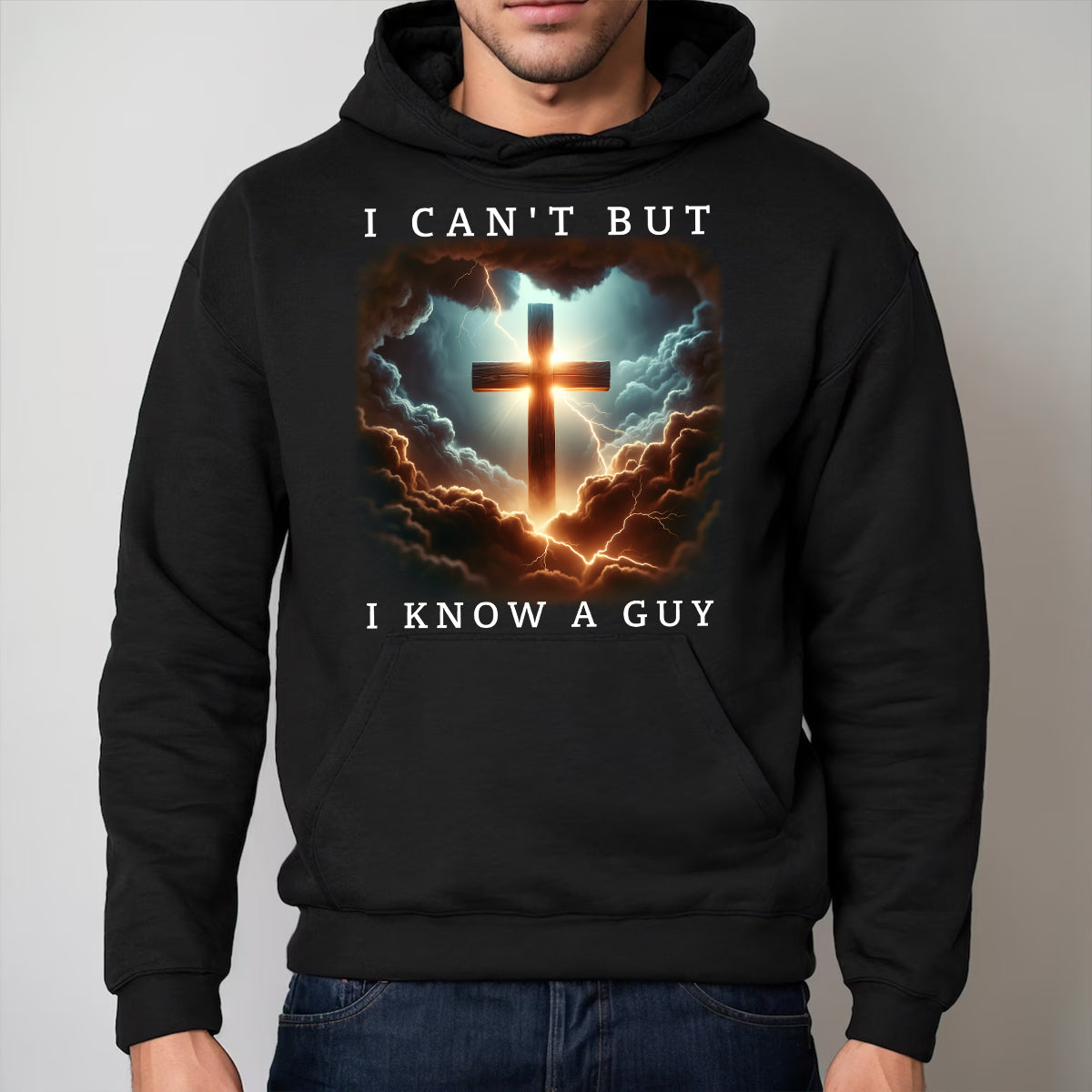 Teesdily | Jesus Cross Lightning Tops I Can't But I Know A Guy Tshirt Sweatshirt Hoodie Mug Jesus God Faith Believer Christian Family Matching Gifts