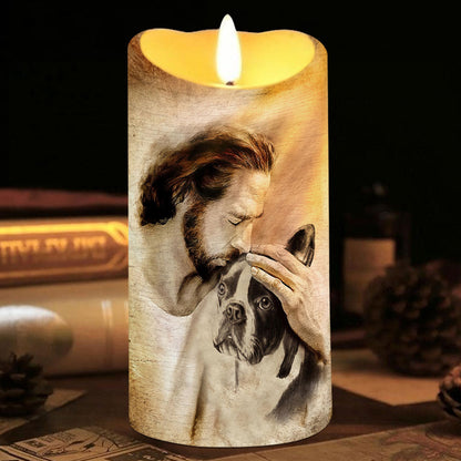 Teesdily | Customized Jesus With Dogs Memorial Led Candle, Pet Sympathy Gift, Dog Mom Gift, Memorial Dog Led Candle