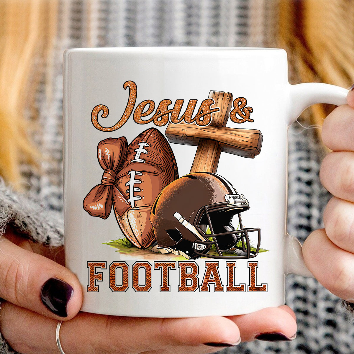 Teesdily | Jesus Football Shirt, Jesus Christ Cross Game Day Sweatshirt, Christian Football Family Hoodie Mug, Football Mom Gift