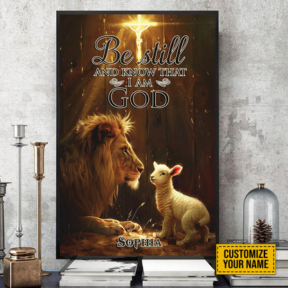 Teesdily | Customized Jesus Christ Lamb Lion Of Judah Poster, Be Still Know That I Am God Poster Canvas, Christian Art Decor Wall