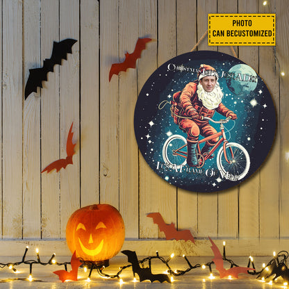 Teesdily | Customized Photo Santa Claus Cycling Wood Sign Christmas Isn'T Just A Day It's A Frame Of Mind Front Door Sign Funny Custom Xmas Decor