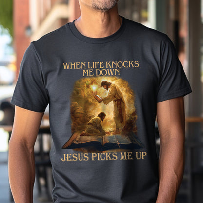 Teesdily | Jesus Saves Life Holy Bible Shirt, When Life Knocks Me Down Jesus Picks Me Up Sweatshirt Hoodie Mug, Jesus Lovers Gifts, Christian Shirt