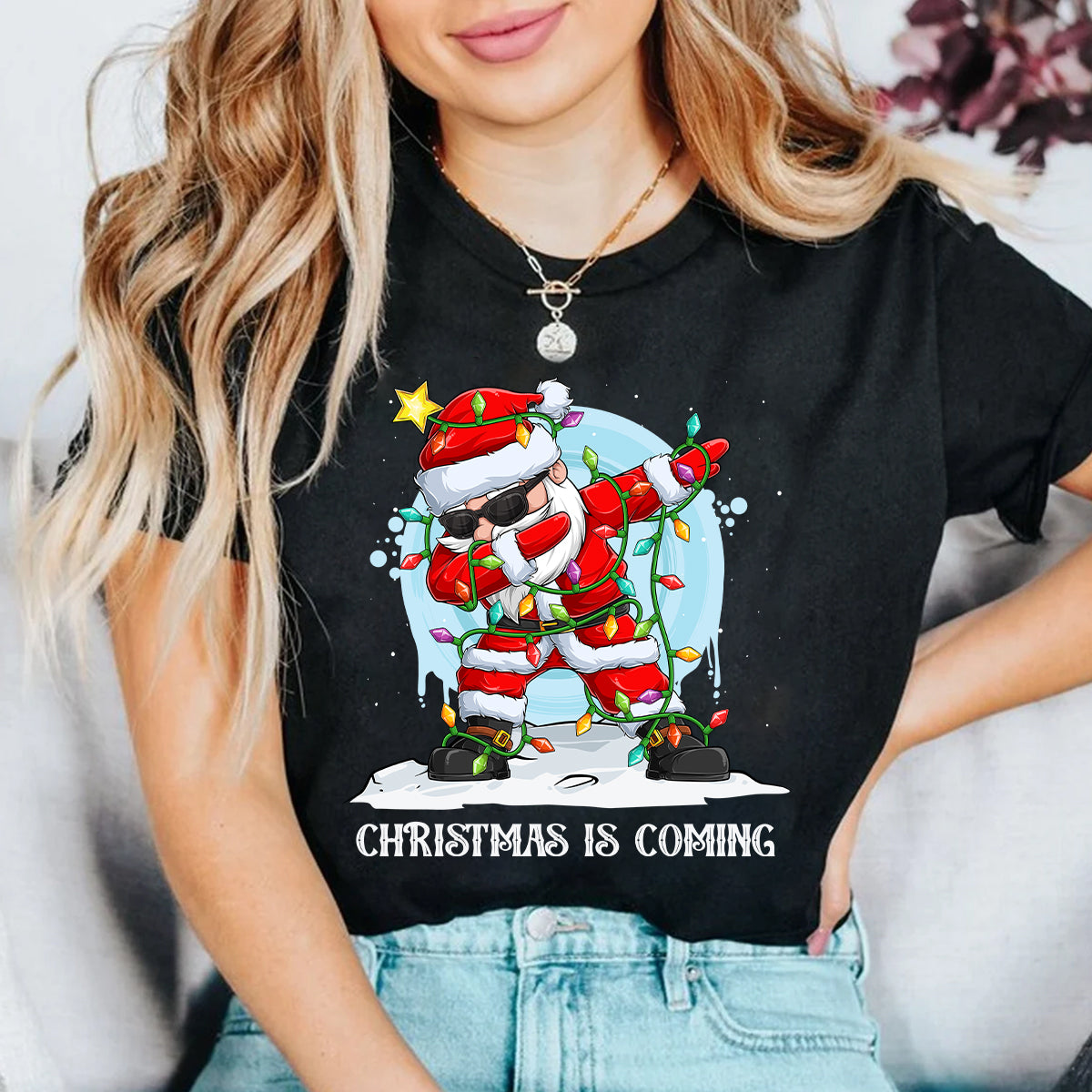 Teesdily | Funny Santa Dancing Shirt, Christmas Is Coming Sweatshirt, Santa Christmas Lights Hoodie, Family Matching Shirt For Holiday