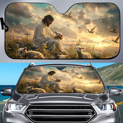 Teesdily | Jesus Lambs Bird Car Sunshade, Lambs Of God Auto Sunshade, Jesus Windshield Sun Shade Protector, Car Accessories, Christ Religious Gifts