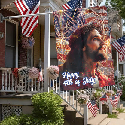 Teesdily | Jesus American Flag Home, Happy 4th Of July House Garden Flag, Independence Day Gifts, God Believer Christian Outdoor Decoration