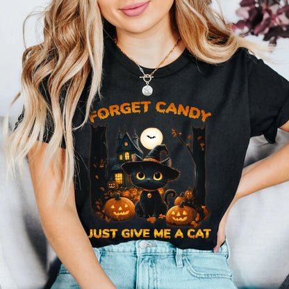 Teesdily | Halloween Cute Cat Shirt, Forget Candy Just Give Me A Cat Tee Sweatshirt Hoodie Mug, Halloween Cat Lovers Gifts, Cat Halloween Moon Shirt