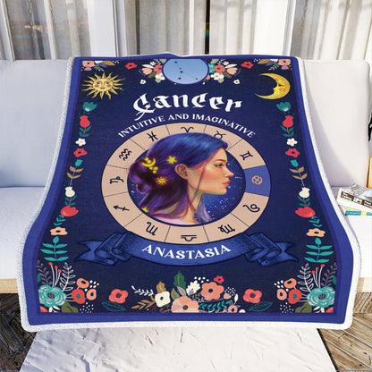 Teesdily | Cancer Zodiac Sign Characteristics Customized Blanket Intuitive And Imaginative Sherpa Fleece Horoscope Design Astrology Gift Birthday