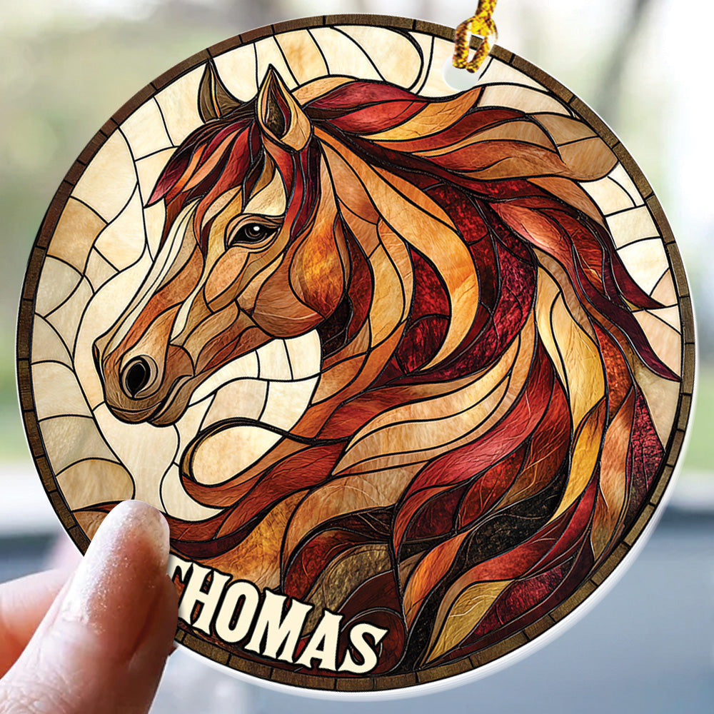 Teesdily | Personalized Horse Ornament, Christmas Horse Stained Glass Printed 2D Ornament, Horse Lover Gift Christmas Decor