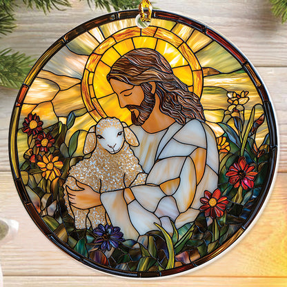 Teesdily | Jesus And Lamb Ornament Christmas, Jesus Christ Sheep Flower Stained Glass Printed Ornament 2D, Christmas Decor Gift