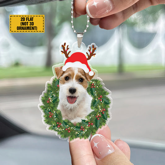 Teesdily | Jack Russell Terrier Christmas Wreath Ornament, Jack Russell Terrier Xmas Hat Deer Antlers Car Hanging Ornament, Dog Owner Xmas Tree Decor