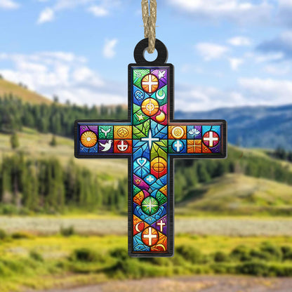 Teesdily | Customized Suncatcher Style, Jesus Cross Suncatcher Christmas Ornament, Xmas Home Decoration, Jesus Lovers Gift, God Faith Believers Gifts