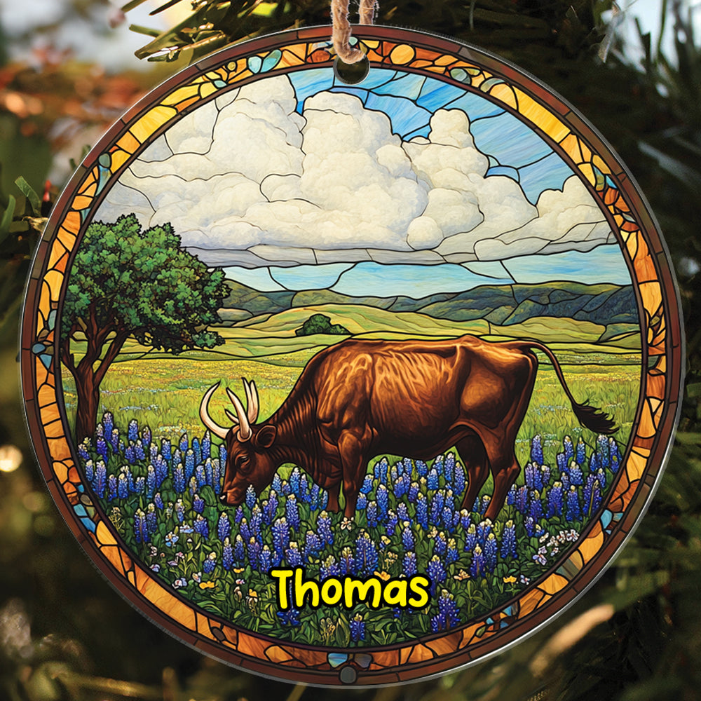 Teesdily | Customized Texas Longhorn Ornament Christmas, Farm Longhorn Stained Glass Print Ornament, Decor Christmas Gift