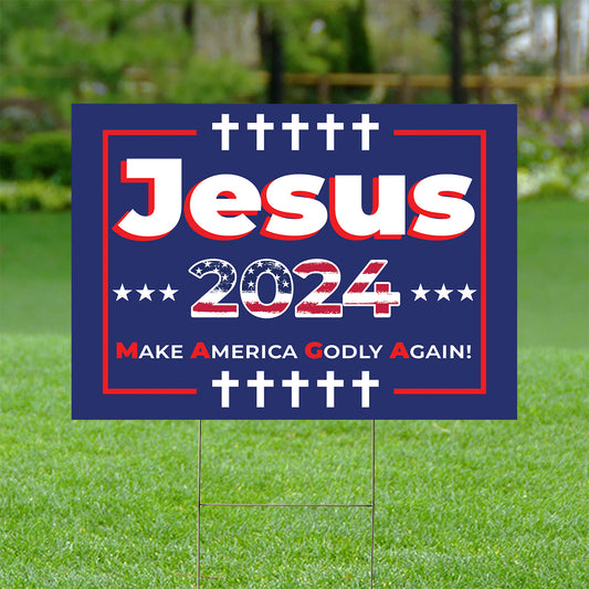 Teesdily | American Flag Yard Sign, Jesus 2024 Make American Godly Again Garden Outdoor Sign, American Flag Sign, Jesus Yard Decor, Patriot Gift