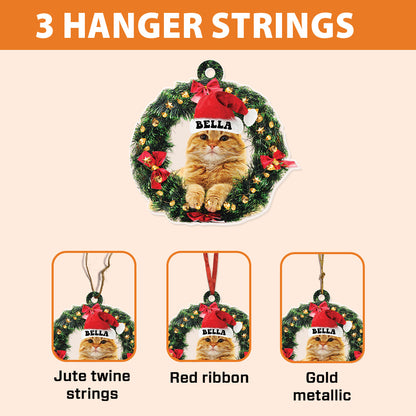 Teesdily | Customized Cat Christmas Ornament, Cute Cat Wreath Christmas 2D Flag Ornament, Cat Mom Cat Dad Ornament, Christmas Gift