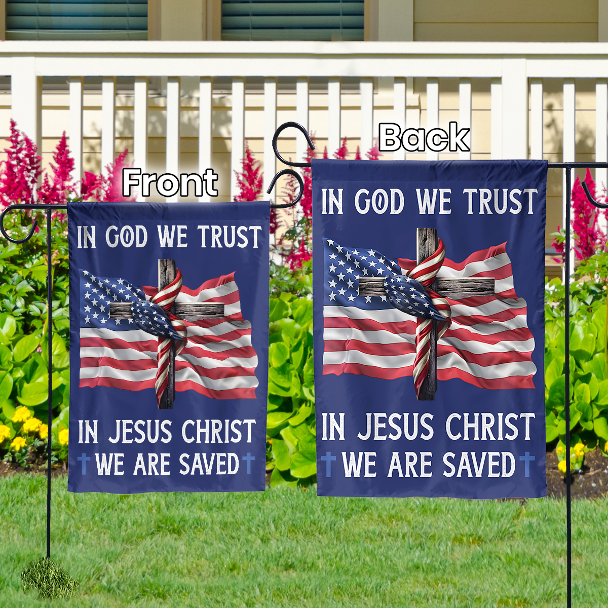 Teesdily | Jesus American Flag, In God We Trust In Jesus Christ We Are Saved House Flag Garden Flag 2024, American Patriotic Flag, Outdoor Decor Gifts