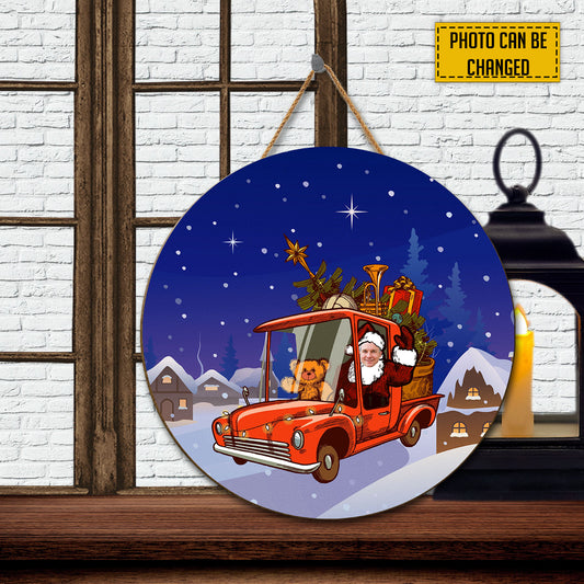 Teesdily | Customized Photo Santa Claus Driver Christmas Wood Sign Truck Drivers Gifts Holiday Gift Christmas Decoration Dorm Welcome Sign