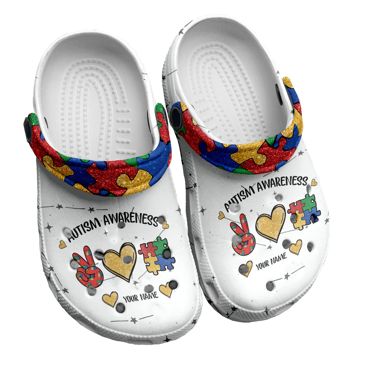 Teesdily | Autism Awareness Clogs, Peace Love Autism Backstrap Clogs, Autism Puzzle Piece Clogs, Autism Mom Gift, Autistic Gift Kid & Adult Eva Clogs