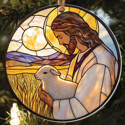 Teesdily | Jesus And Lamb Ornament Christmas, Jesus Christ Sheep Flower Stained Glass Printed Ornament 2D, Christmas Decor Gift