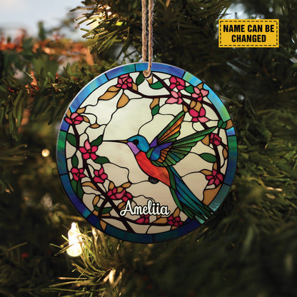 Teesdily | Customized Humming Bird Stained Glass Art Ceramic Ornament, Humming Bird Flower Acrylic Car Hanging Ornament, Christian Christmas Decoration